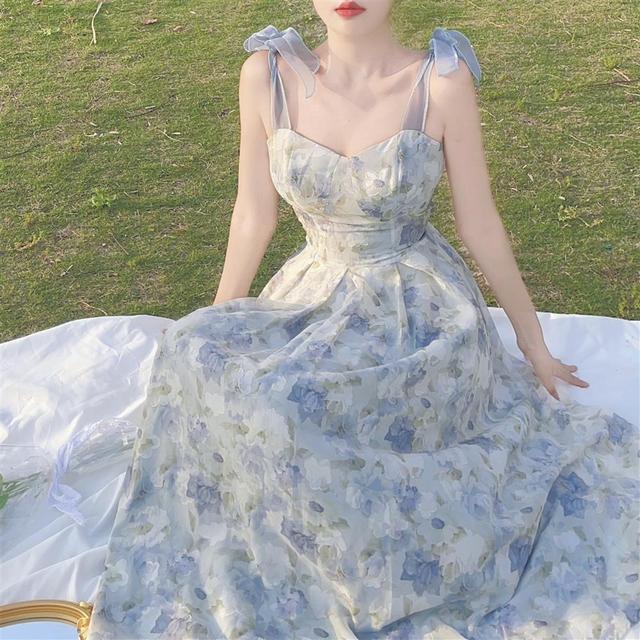 Elegantes langes Blumen-Träger-Kleid-Frauen-Weinlese-süßer Druck-koreanisches Beleg-Fee-Kleid-beiläufiges Calssy-Partei-Prinzessin-Kleid-Frühling 2022