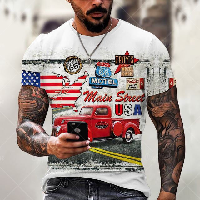 Summer New Mens T Shirts Oversized Loose Clothes Vintage Short Sleeve Fashion America Route 66 Letters Printed O Collared Tshirt