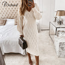 DICLOUD Beige Sweater Dress Woman New Autumn Elastic Long Sleeve V Neck Elegant Hollow Midi Party Dresses Knitted Fashion New