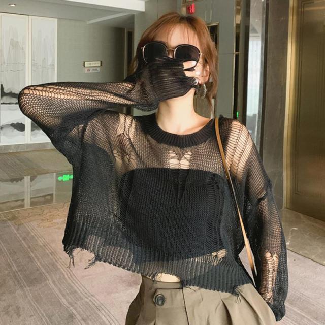 Yedinas Black Gothic Thin Women Pullover Loose Sweater 2021 Lady Hollow Out Hole Broken Streetwear Stretch Split Knit Short Top