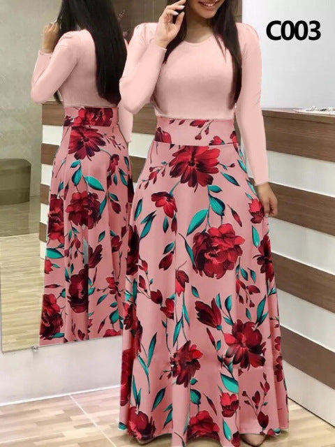 Plus Size Damen Sommer Print Stitching Flower Langes Bankettkleid 2021 Figurbetontes Kleid Elegant Sexy Frau Super Langes Kleid