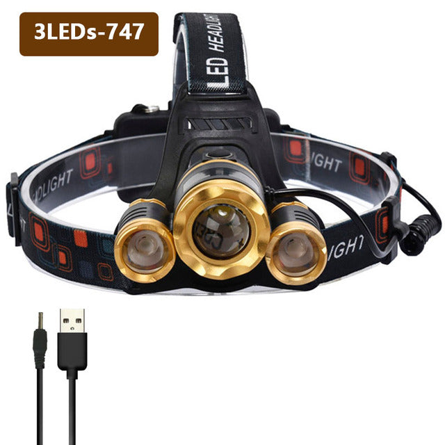 Leistungsstarke 3-LED-Stirnlampe XM T6 Zoombare wiederaufladbare Stirnlampe Taschenlampe Wasserdichter Scheinwerfer Angellaterne Russisches Lager