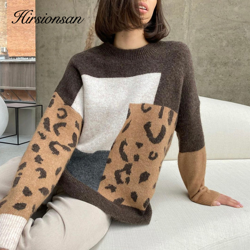 Suéter de Cachemira de retales de leopardo Hirsionsan, jerséis de punto informales holgados para mujer, jersey Retro de punto suave para otoño para mujer