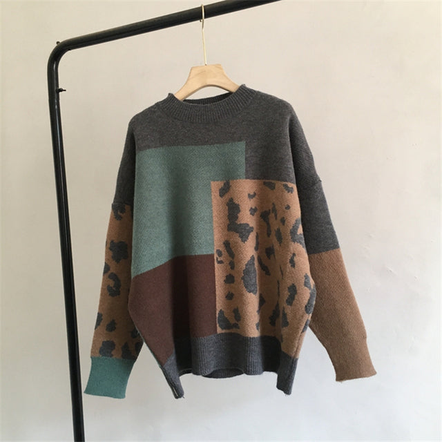 Hirsionsan Leopard Patchwork Cashmere Sweater Women Loose Casual Knitted Pullovers Autumn Soft Knitwear Female Retro Jumper