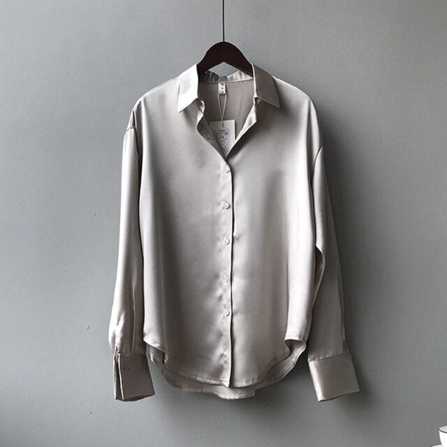 Camisas de manga larga blancas Vintage para mujer, camisa elegante coreana de oficina, camisa de seda satinada abotonada a la moda, blusa para mujer 11355