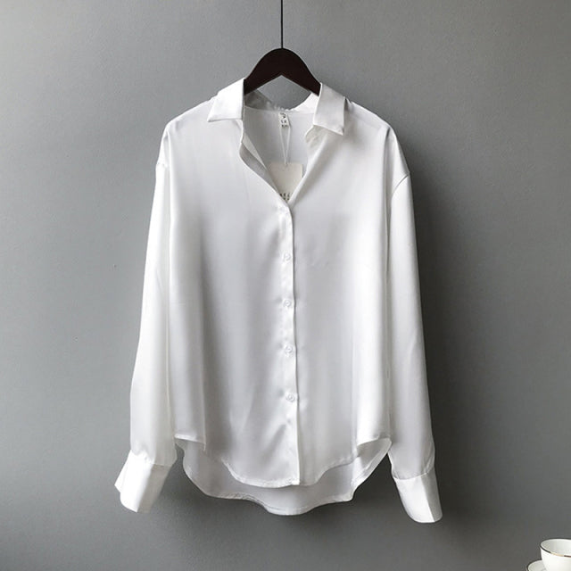 Vintage Weiße Langarmshirts Tops Damen Elegantes Koreanisches Bürohemd Mode Button Up Satin Seidenhemd Bluse Frauen 11355