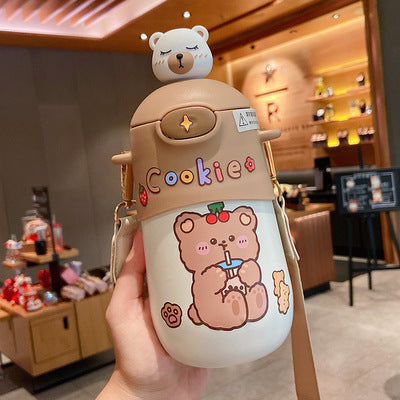 500 ML New Kawaii Bear Thermos Bottle Cute Kids Straw Water Bottle Insulated Stainless Steel Student Girls Thermal Drink Bottles