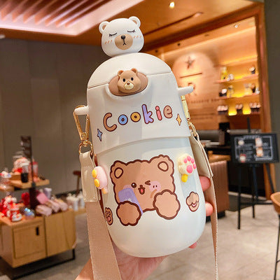 500 ML New Kawaii Bear Thermos Bottle Cute Kids Straw Water Bottle Insulated Stainless Steel Student Girls Thermal Drink Bottles