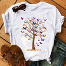 Woman Butterfly Tree Print Harajuku Summer Tshirts Casual Round Neck Short Slee Top Tee Shirt Women Black T-shirt Drop Ship