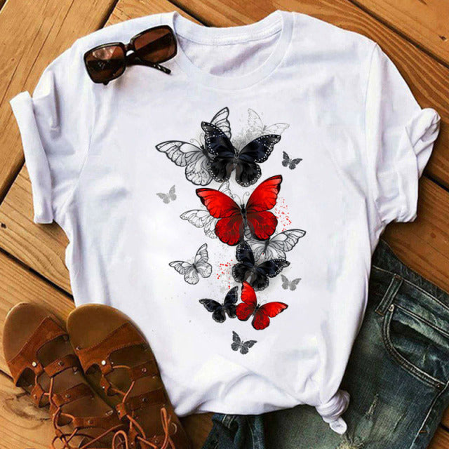 Mujer mariposa árbol estampado Harajuku verano camisetas Casual cuello redondo manga corta Top camiseta mujer negro camiseta Drop Ship