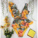 2021 New Sexy Ruffle Print Floral One Piece Swimsuit Off The Shoulder Swimwear Women Solid Deep-V Beachwear Bathing Suit Monkini
