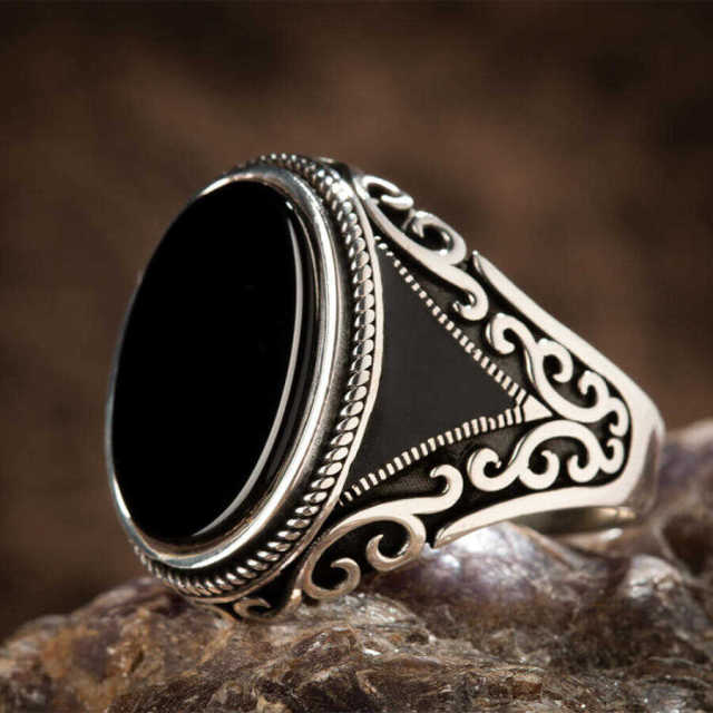 Joyería turca Retro hecha a mano 2021, anillo de águila Vintage otomano para hombre, anillo de piedra de ónix negro con incrustaciones, joyería de motorista Punk para fiesta