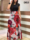Ladies Summer Long Dress Printed Splicing Floral Banquet Round Neck Short Sleeve Tight Dress Elegant Sexy Woman Long Dress Xl
