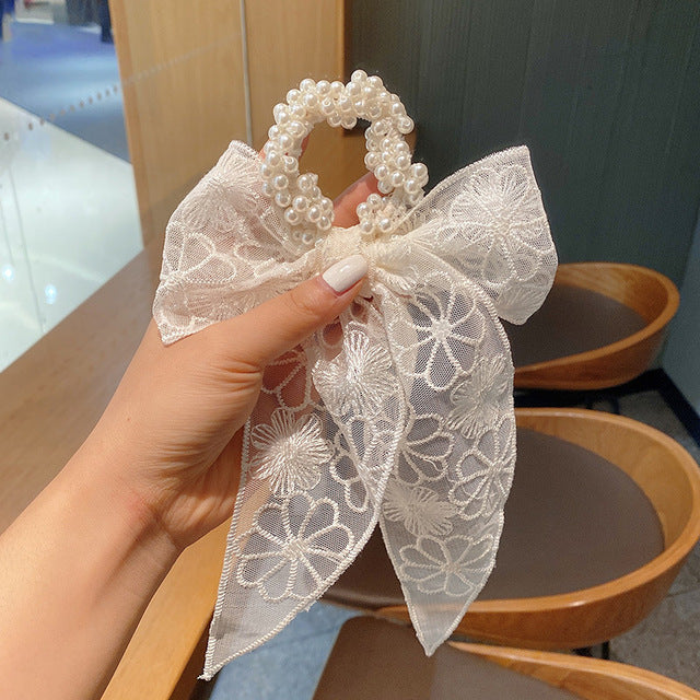 Korea Langes Band Perlen Haarbänder Schleife Haargummis Für Frauen Mädchen Sommer Blumendruck Pontail Haargummis Haarschmuck