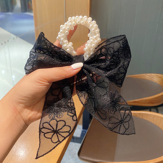 Korea Long Ribbon Pearls Hair Bands Bow Hair Scrunchies For Women Girls Summer Floral Print Pontail Hair Ties Hair Accessories