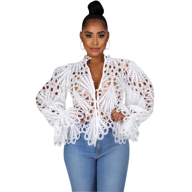2021 New Elegant Long Sleeve Hollow Out Mesh Lace Shirt Sheer See Through Top Blouse Clothing Dashiki African Shirts For Women