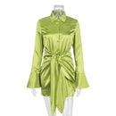 JULISSA MO Mode Langarm Bandage Satin Minikleider Damen Herbst Umlegekragen Sexy Partykleid Femme Abendgarderobe