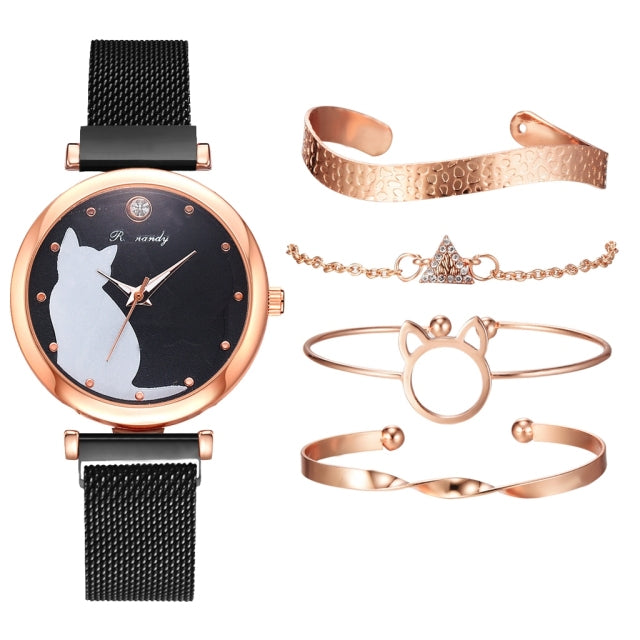 Conjunto de reloj de moda para mujer, 5 uds., reloj de pulsera de cuarzo, pulsera de malla, esfera de gato, reloj de lujo para mujer, reloj informal para mujer, reloj Femenino
