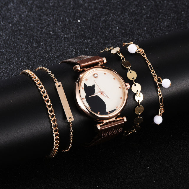 Conjunto de reloj de moda para mujer, 5 uds., reloj de pulsera de cuarzo, pulsera de malla, esfera de gato, reloj de lujo para mujer, reloj informal para mujer, reloj Femenino
