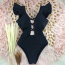 2021 New Sexy Ruffle Print Floral One Piece Swimsuit Off The Shoulder Swimwear Women Solid Deep-V Beachwear Bathing Suit Monkini