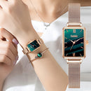 Marca Gaiety, relojes para mujer, reloj de cuarzo cuadrado a la moda para mujer, conjunto de pulsera, esfera verde, malla simple de oro rosa, relojes de lujo para mujer