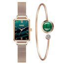 Marca Gaiety, relojes para mujer, reloj de cuarzo cuadrado a la moda para mujer, conjunto de pulsera, esfera verde, malla simple de oro rosa, relojes de lujo para mujer