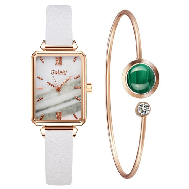 Marca Gaiety, relojes para mujer, reloj de cuarzo cuadrado a la moda para mujer, conjunto de pulsera, esfera verde, malla simple de oro rosa, relojes de lujo para mujer