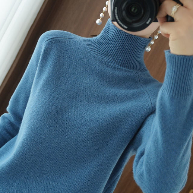 Jersey de cuello alto Otoño/Invierno 2021, suéter de Cachemira para mujer, Color puro, informal, de manga larga, holgado, jersey de fondo para mujer
