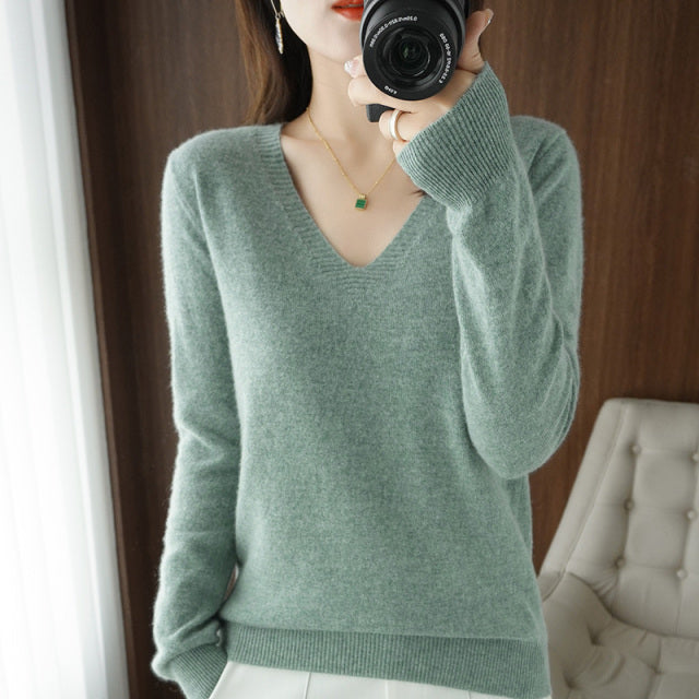 Autumn Winter New cashmere Sweater Woman V-Neck Pullover Lace collar Hollow Design Casual Knitted Tops Cashmere Female Sweater