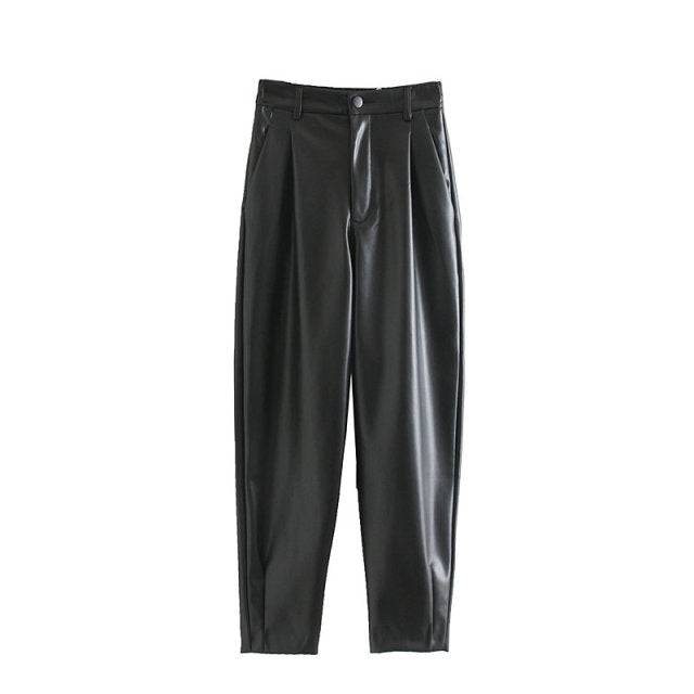Pantalones de piel sintética negros de cintura alta para mujer, pantalón holgado de PU, elegante, con bolsillos, para otoño e invierno, 2021