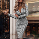 Otoño manga larga ceñido al cuerpo elegante vestido de oficina para mujer moda estampado de pata de gallo Sexy cuello en V vestidos ajustados de tubo para mujer 2022