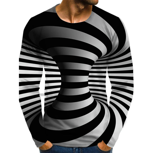 2021 Herren-T-Shirt mit optischer Täuschung, Grafik in Übergröße, mit täglichem Langarm-Oberteil, übertrieben um den Hals, Regenbogen-Streetwear