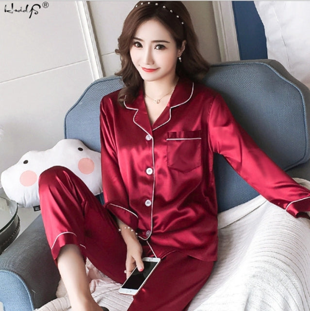 Womens Silk Satin Pajamas Pyjamas Set Sleepwear Pijama Pajamas Suit Female Sleep Two Piece Set Women&