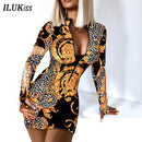 Sexy Long Sleeve Bodycon Mini Dress Women Autumn 2021 Fashion Deep V Neck Print Club Outfits Party Dresses Casual Robe Femme