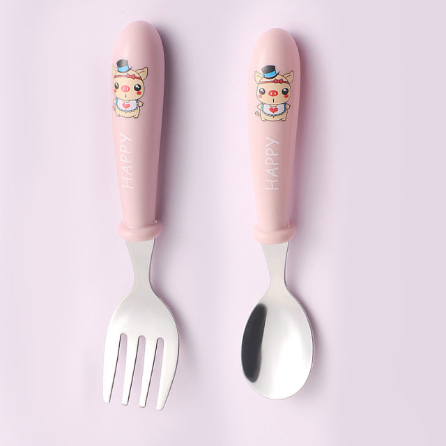 Baby Gadgets Tableware Set Children Utensil Stainless Steel Toddler Dinnerware Cutlery Cartoon Infant Food Feeding Spoon Fork