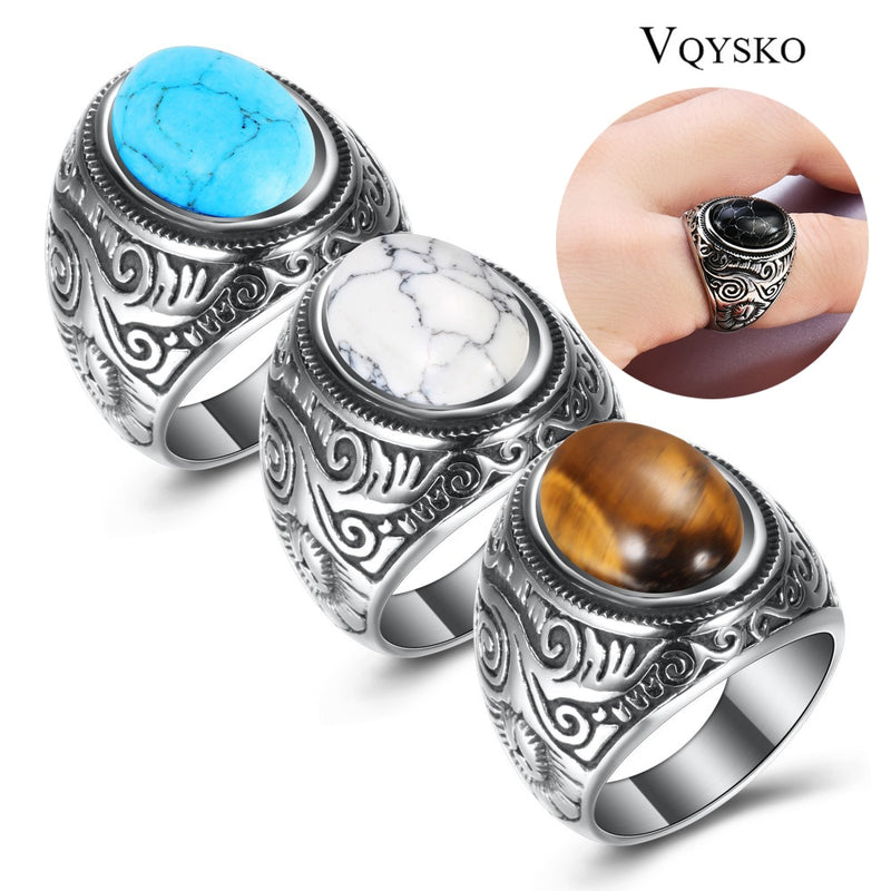 Großhandel Retro Schmuck türkis Stein Ringe für Männer Titan Stahl eingelegt drei Farben Onyx Ring Männer herrschsüchtig Opal Ring