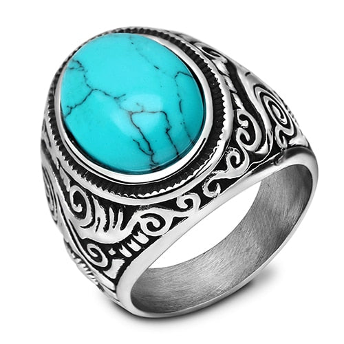 Venta al por mayor, joyería Retro, anillos de piedra turquesa para hombres, anillo de ónix de tres colores con incrustaciones de acero de titanio, anillo de ópalo dominante para hombres