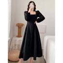Long Sleeve Dress Women Holiday Elegant Ankle-length Female Square Collar Simple Trendy Korean Style Leisure Streetwear Slim Ins