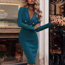 Sexy Deep V-neck Long Sleeve Slim Dress Women Fall Fashion Solid Double Breasted Elegant Office Ladies Dress Party Dresses Robe