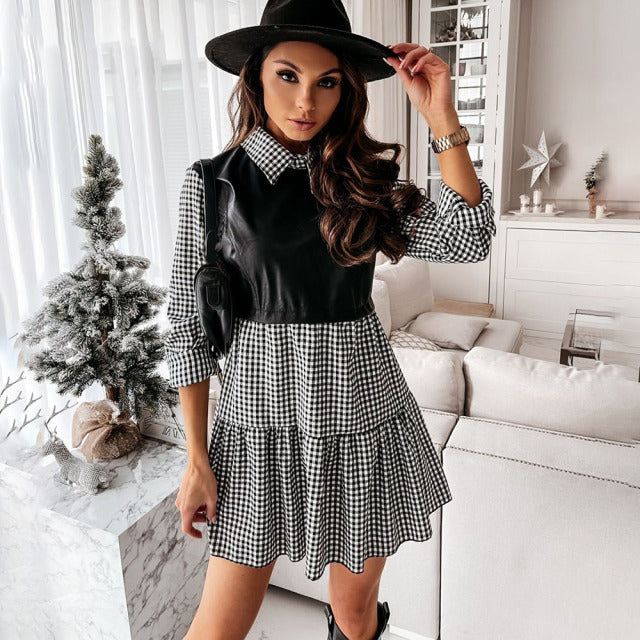 Casual Long Sleeve Mini Shirt Dress For Women White 2021 Spring PU Leather Patchwork Plaid Woman Dresses Clothing Femme Robe