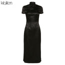 KLALIEN Schwarz Monochrom Druck Satin Traditionelle Chinesische Kleider Langes Qipao Kleid Sexy Split Tang Kostüm Bankett Qipao Frau