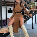 Autumn Winter 2021 Women Sexy Bodycon Split Knitted Dress Female Long Sleeve Turtleneck Y2K Midi Dress Club Party Sweater Dress