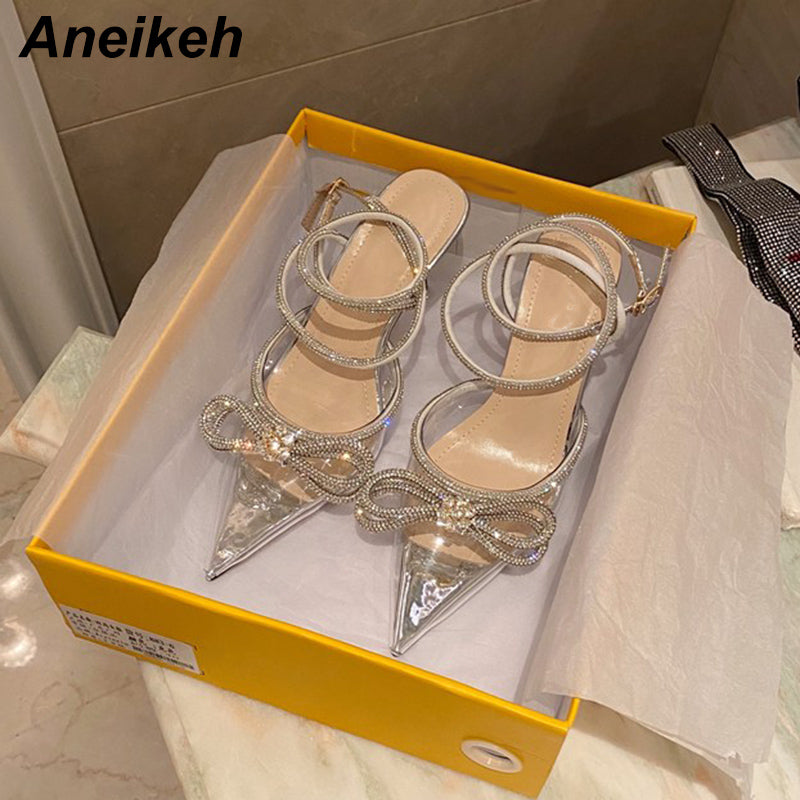 Aneikeh Frühling/Herbst 2022 Damenschuhe Mode Butterfly-Knot Schmalband Bling Patchwork Cross-Tied Crystal Pointed Toe Pumps