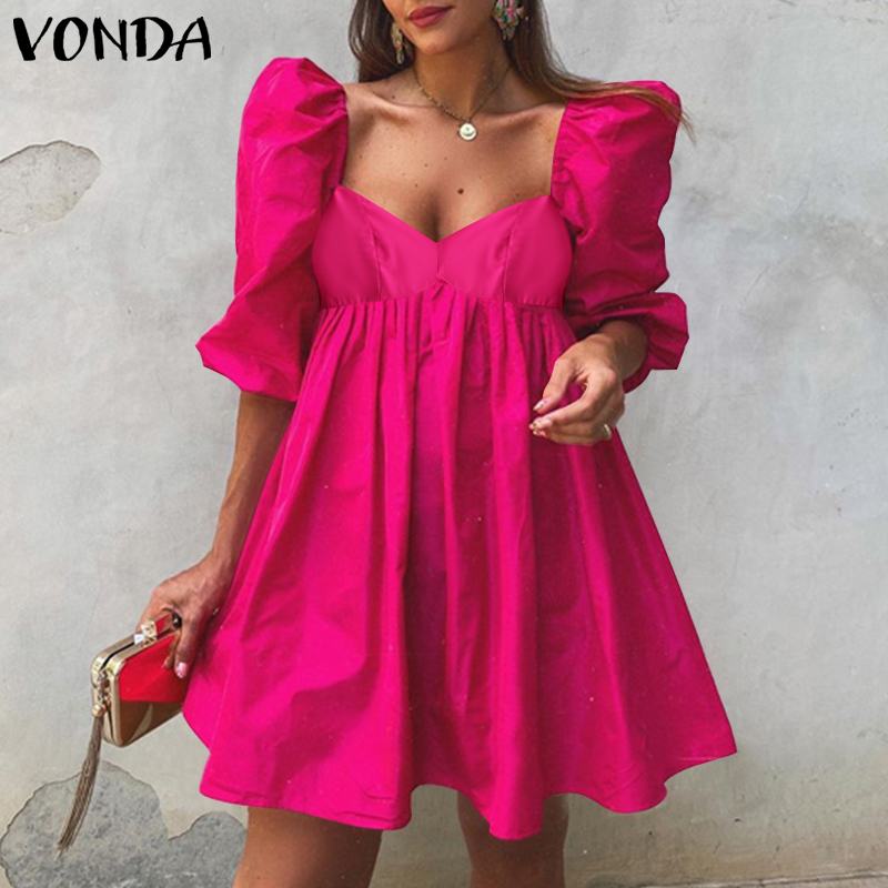 Damen Minikleid VONDA Sommer Sommer Puffärmel Kleider Lässig Solide Sexy V-Ausschnitt Bohemian Vestidos Lose Sommerkleid Übergroß