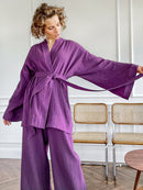 Camisón 100% de algodón para mujer, conjunto de pijama, camisón acampanado, pantalones, conjunto de mangas caídas, albornoz de 2 piezas para mujer