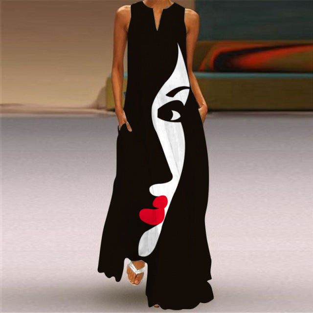 MOVOKAKA Menschliches Gesicht Bedrucktes Schwarzes Kleid 2022 Elegante Lässige Vintage Kleider Frau Sommer Strand Ärmellos Mädchen Langes Kleid Frauen