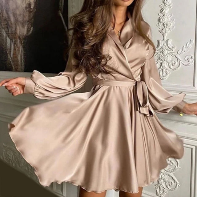 Sexy Satin Sashes A Line Mini Dress Lantern Sleeve Elegant Party Dress 2022 Spring Fashion Women&