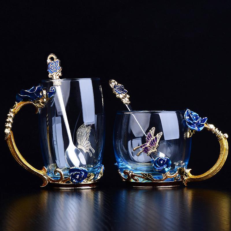 Taza de cristal esmaltada de rosa azul, vaso de té de flores, taza de flores de cristal de alta calidad con asa, regalo perfecto para amantes de la boda
