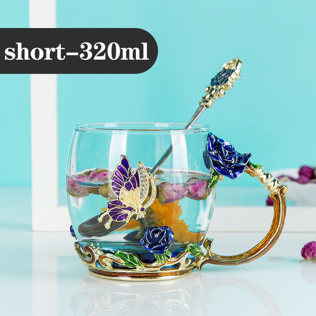 Blue Rose Enamel Crystal Cup Flower Tea Glass High-grade Glass Cup Flower Mug with Handgrip Perfect Gift For Lover Wedding