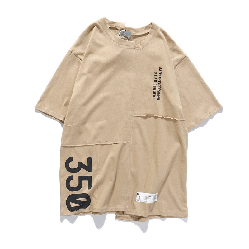 Kanye West Spoof Asimétrico Hombres Verano 350 Camisetas Hip Hop Streetwear Caqui Oversized Tops Camisetas Casual Carta Imprimir Camisetas